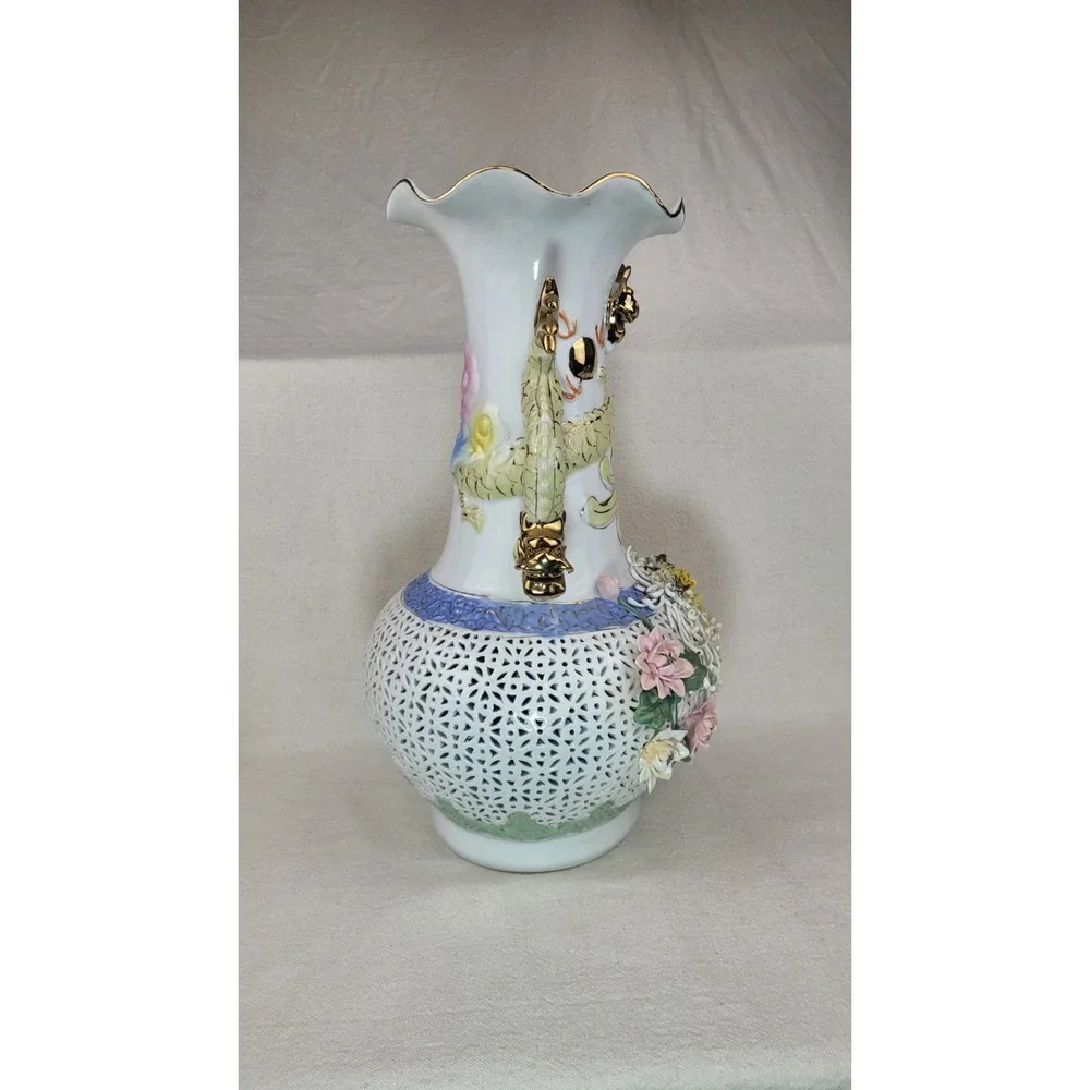 Vintage Large Porcelain Dragon Handle Reticulated Floral Vase Gold‎ Gilt 17 Inch